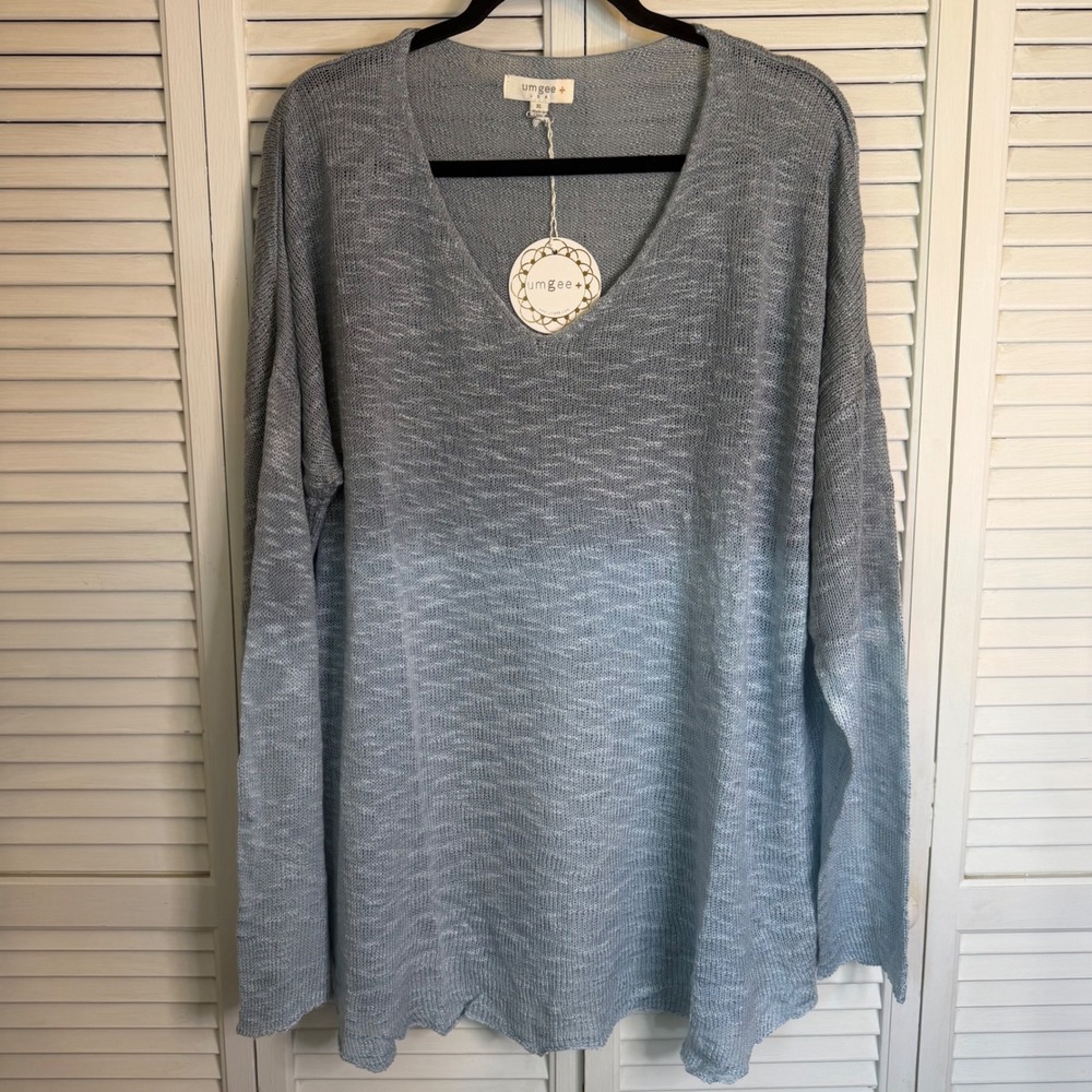 Umgee Ombre V-Neck Knit Lightweight Sweater Blue Grey Oversized Womens XL NWT
